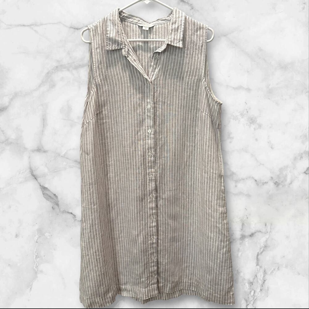 Garnet Hill Classic Linen Shirt Dress 16 Stripes Sleeveless Button A-line